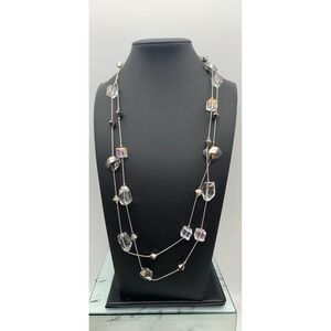 Premier Designs Ice Cube Shaped Faceted Crystal Beaded Necklace Silver Tone Long